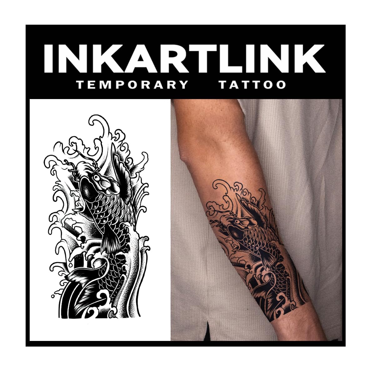 INKARTLINK Tattoo Tech koi fish design on skin, long-lasting decorative tattoo.