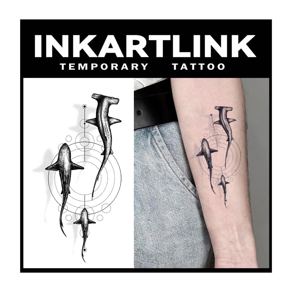 INKARTLINK Tattoo Tech shark design large on arm; long-lasting, waterproof temporary tattoo.