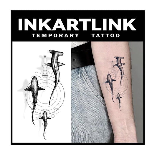 INKARTLINK Tattoo Tech shark design large on arm; long-lasting, waterproof temporary tattoo.