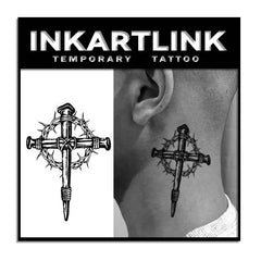INKARTLINK Tattoo Tech Thorn Cross closeup shows a realistic, long-lasting semi-permanent design.