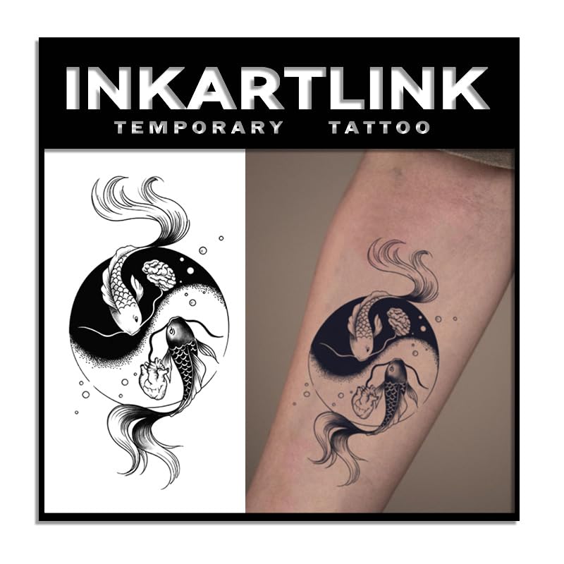INKARTLINK Tattoo Tech Yin Yang Koi design on forearm for stylish temporary art.