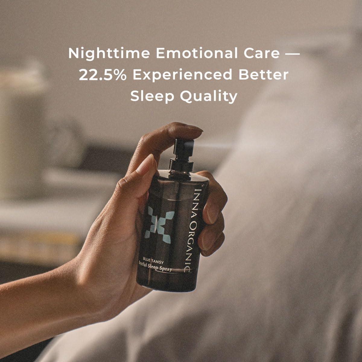 INNA ORGANIC Sleep Spray on pillowcase provides calming aromatherapy for sleep.