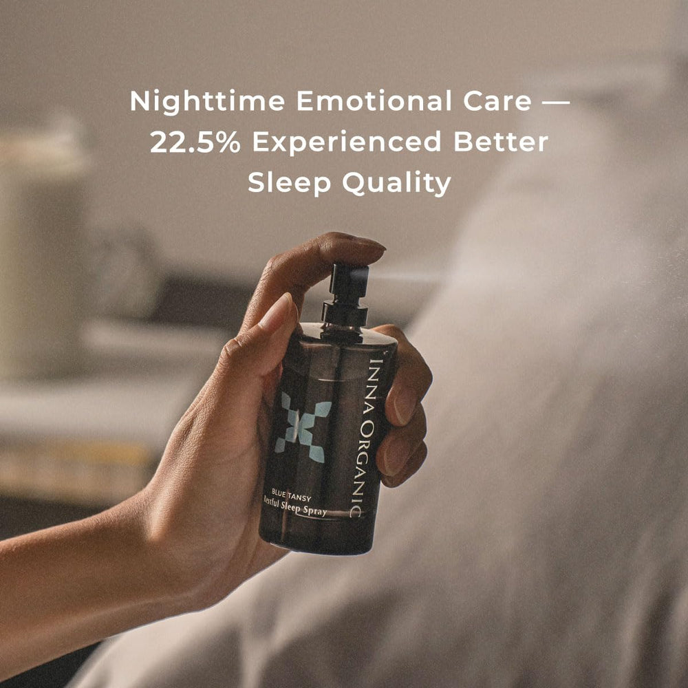 INNA ORGANIC Sleep Spray on pillowcase provides calming aromatherapy for sleep.