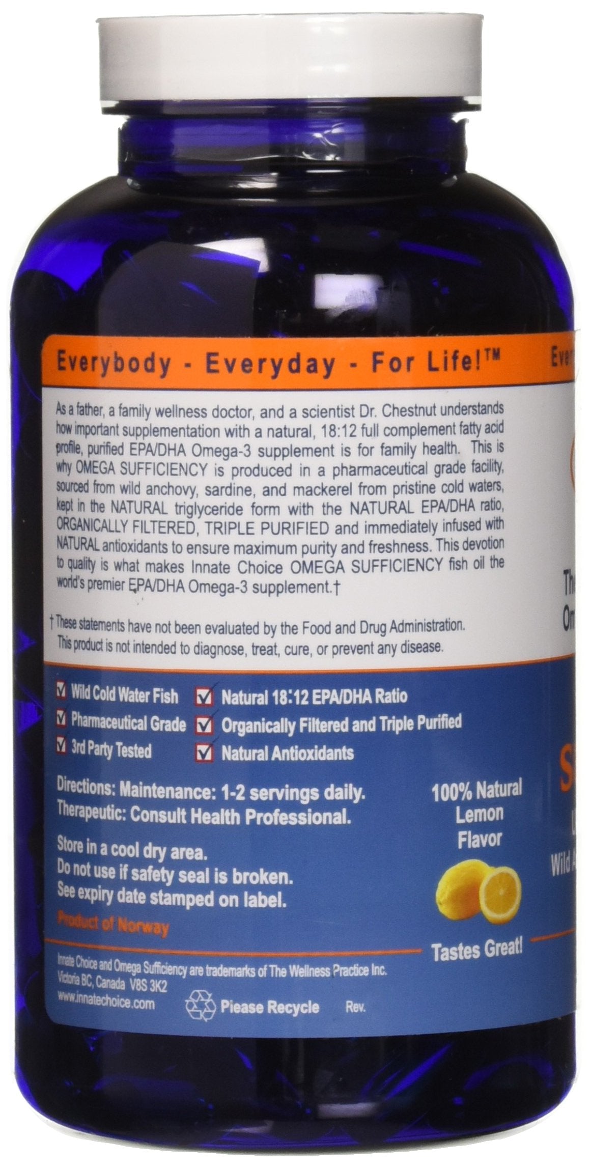 Innate Choice Omega Sufficiency Lemon bottle back label with dosage details.