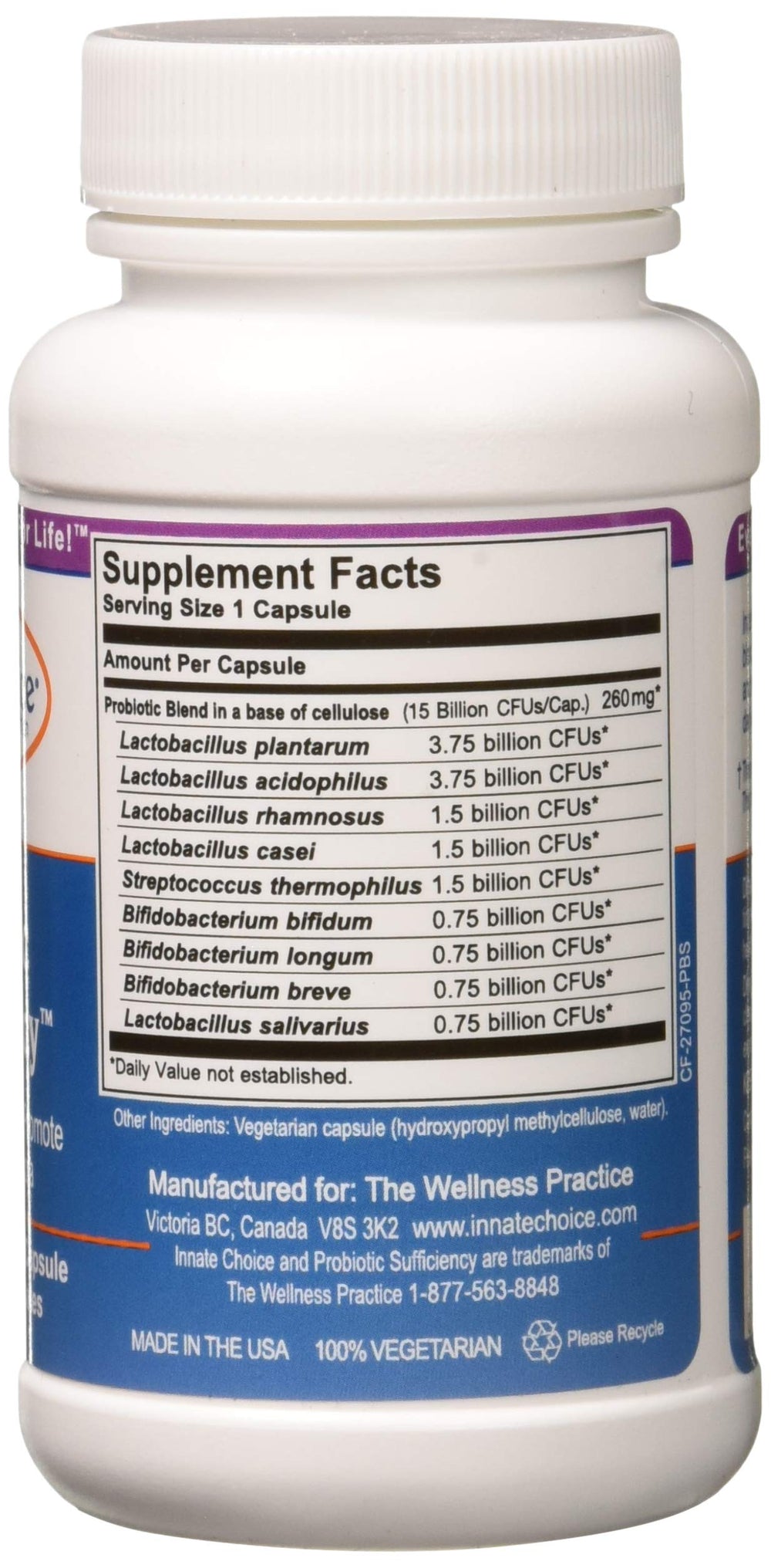 Nutrition facts and serving size for Innate Choice Probiotic Sufficiency