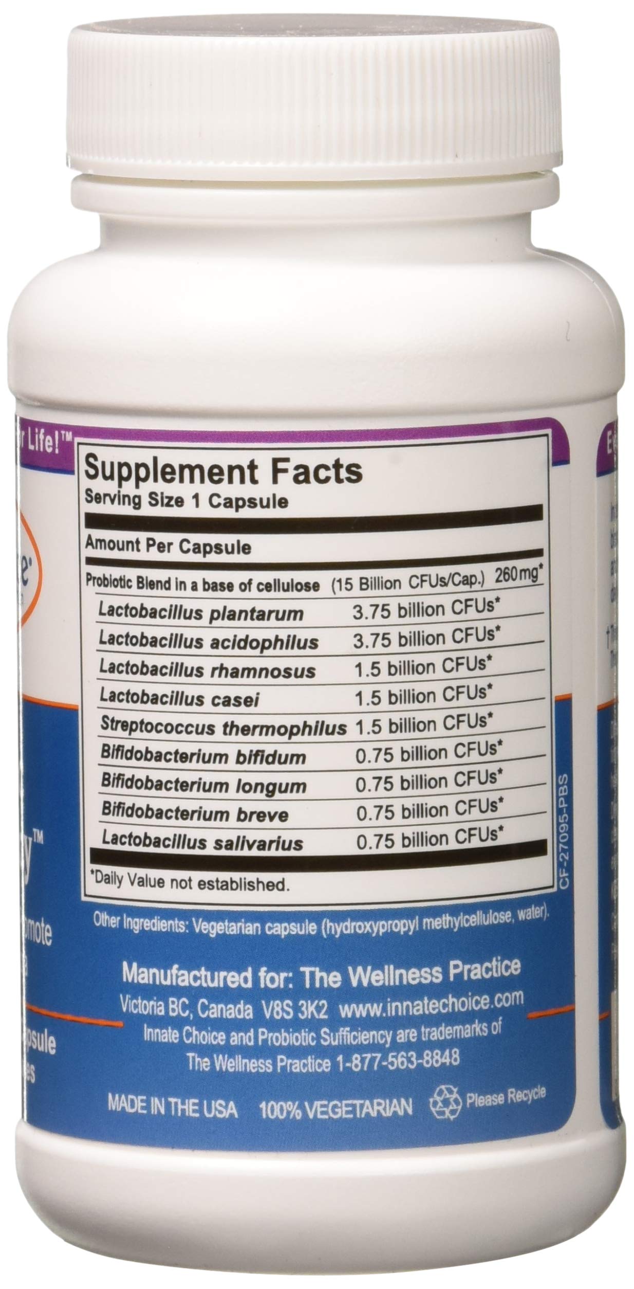 Innate Choice Probiotic Sufficiency bottle label detail emphasizing vegetarian formula and innate design.