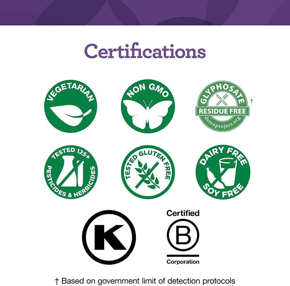 Vegetarian, Non-GMO, gluten-free, kosher-certified label