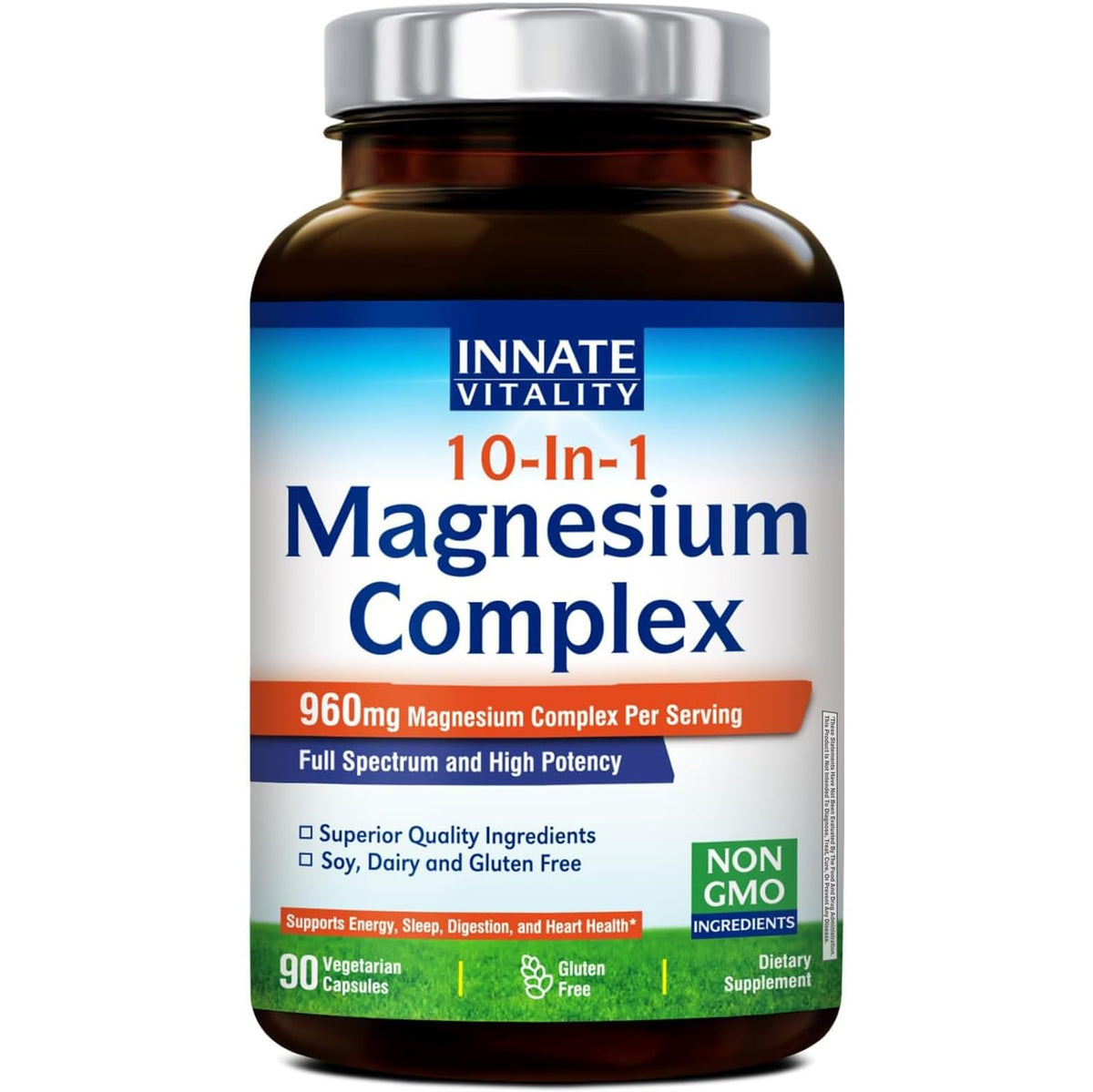 Innate Vitality 10-in-1 Magnesium Complex bottle and capsules (960mg total, 420mg elemental Mg per serving).