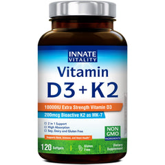 Bottle of Innate Vitality D3 K2 Softgels with 120-count label showing 10,000 IU D3 and 200 mcg MK-7