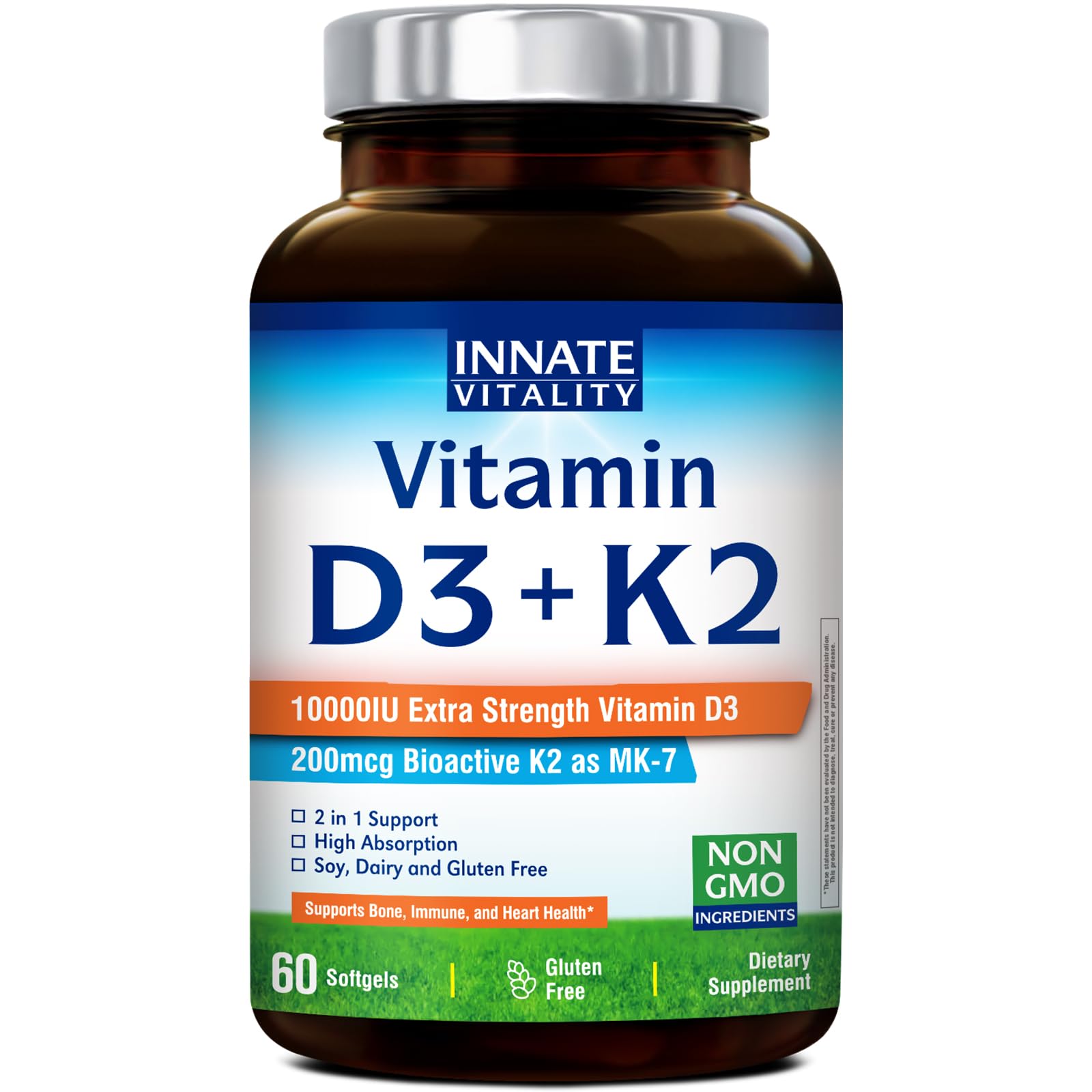 Front view of Innate Vitality D3 K2 softgels bottle