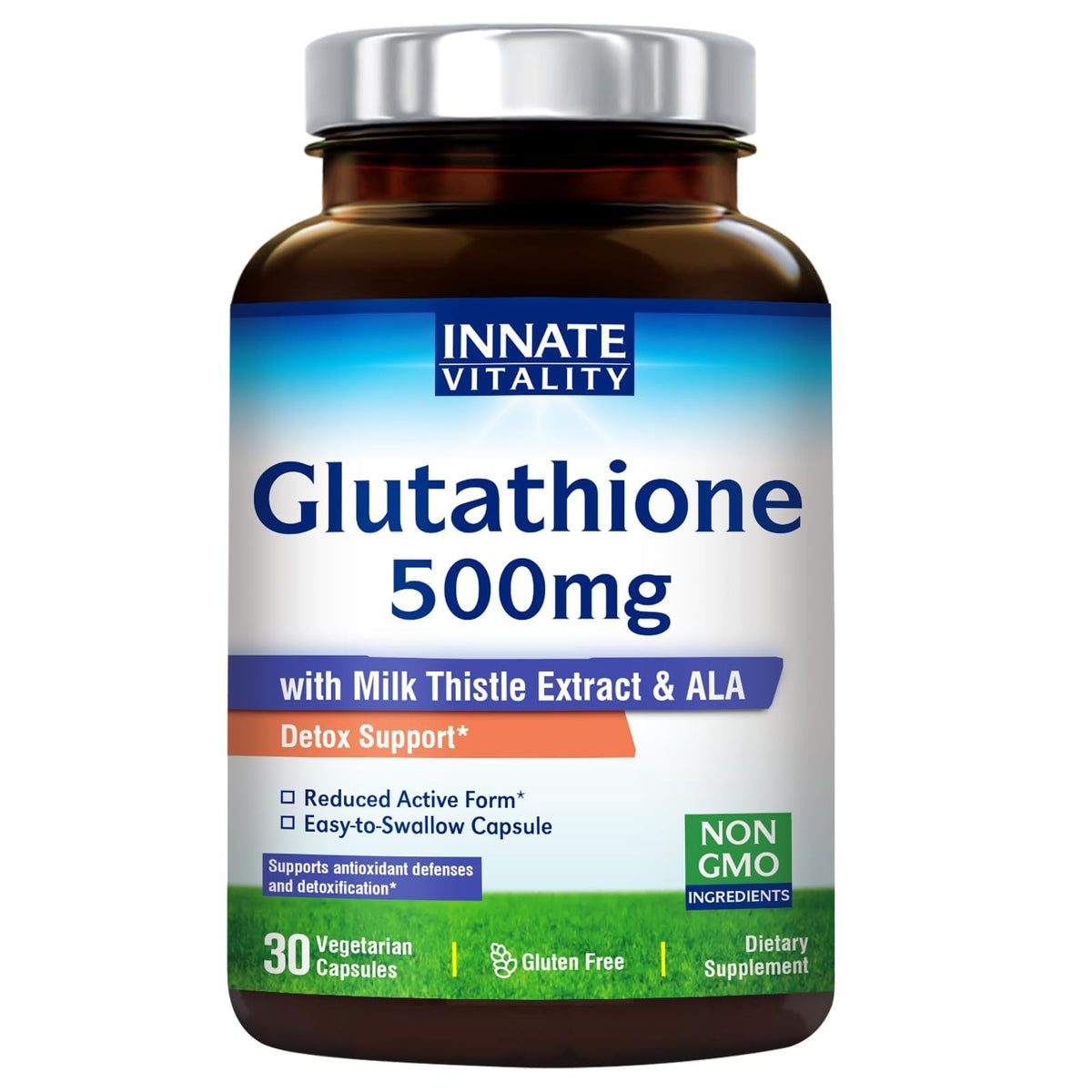 Front view of Innate Vitality Glutathione 500mg bottle