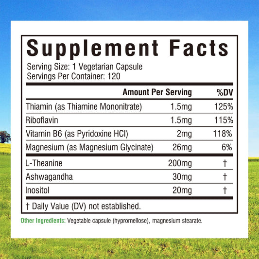 Close-up of L-Theanine 200 mg text on bottle label