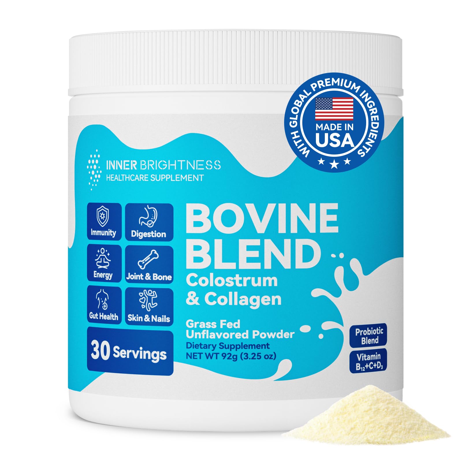 Bottle of Inner Brightness Colostrum & Collagen Powder with scoop
