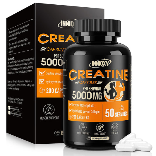 Front view of INNIOXV Creatine Monohydrate Capsules bottle