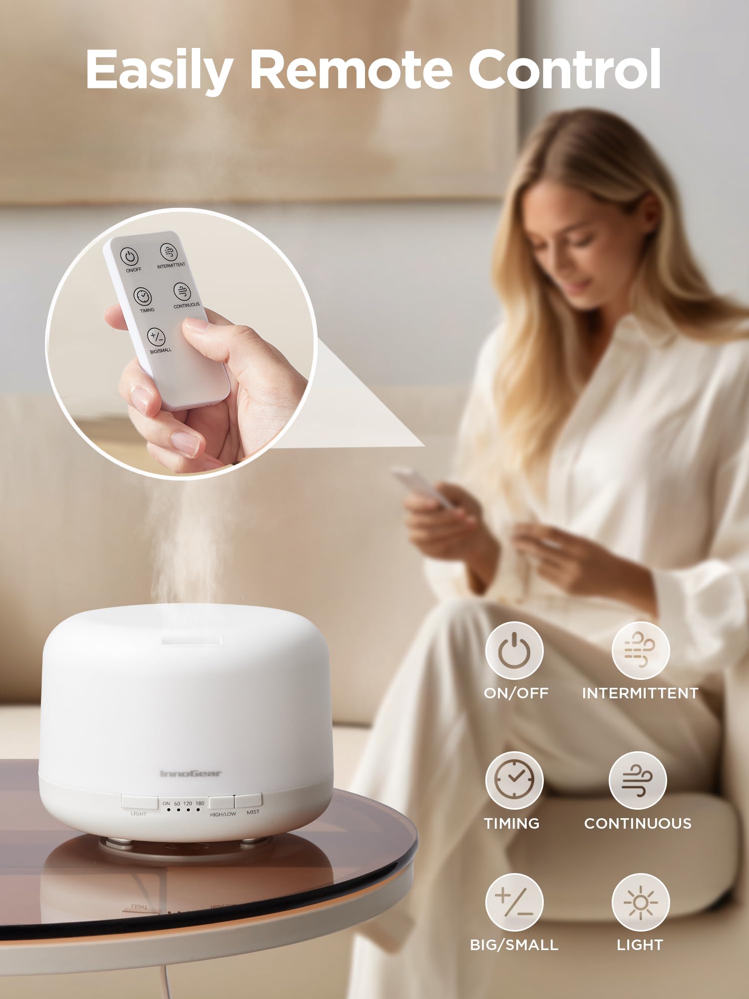 Ambient light mode displaying one of 8 colors on the diffuser