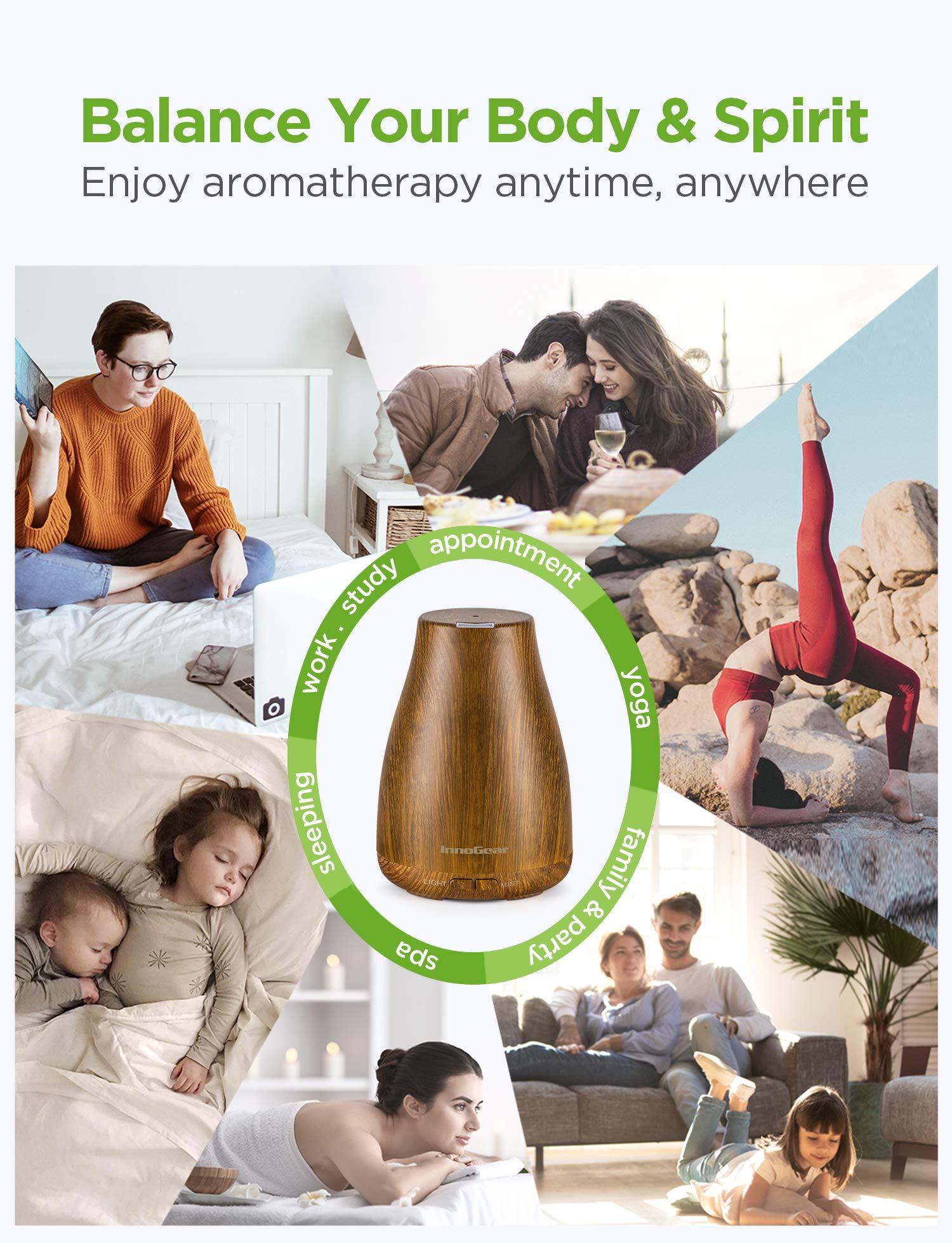 Bedroom scene with InnoGear bronze essential oil diffuser