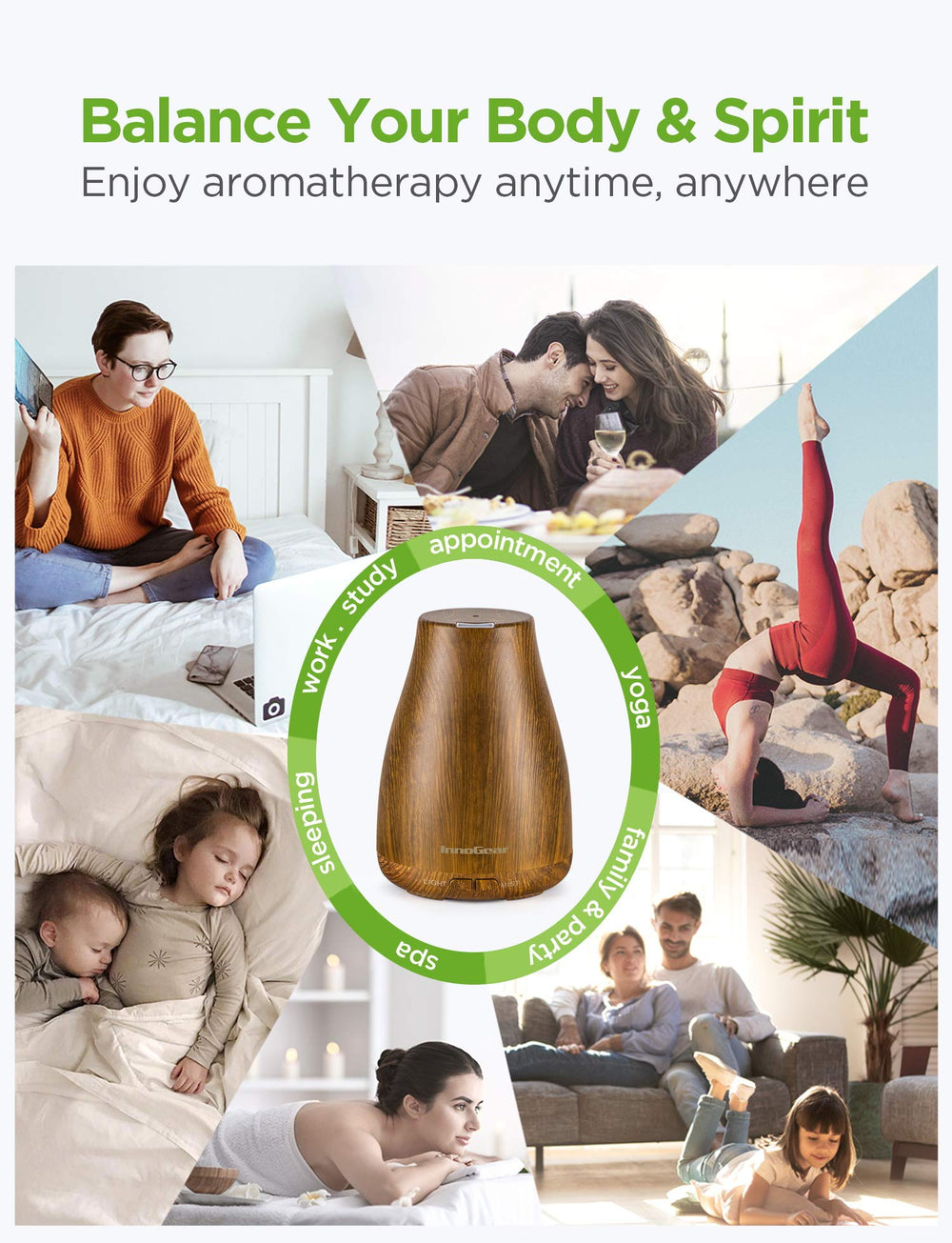 Bedroom scene with InnoGear bronze essential oil diffuser