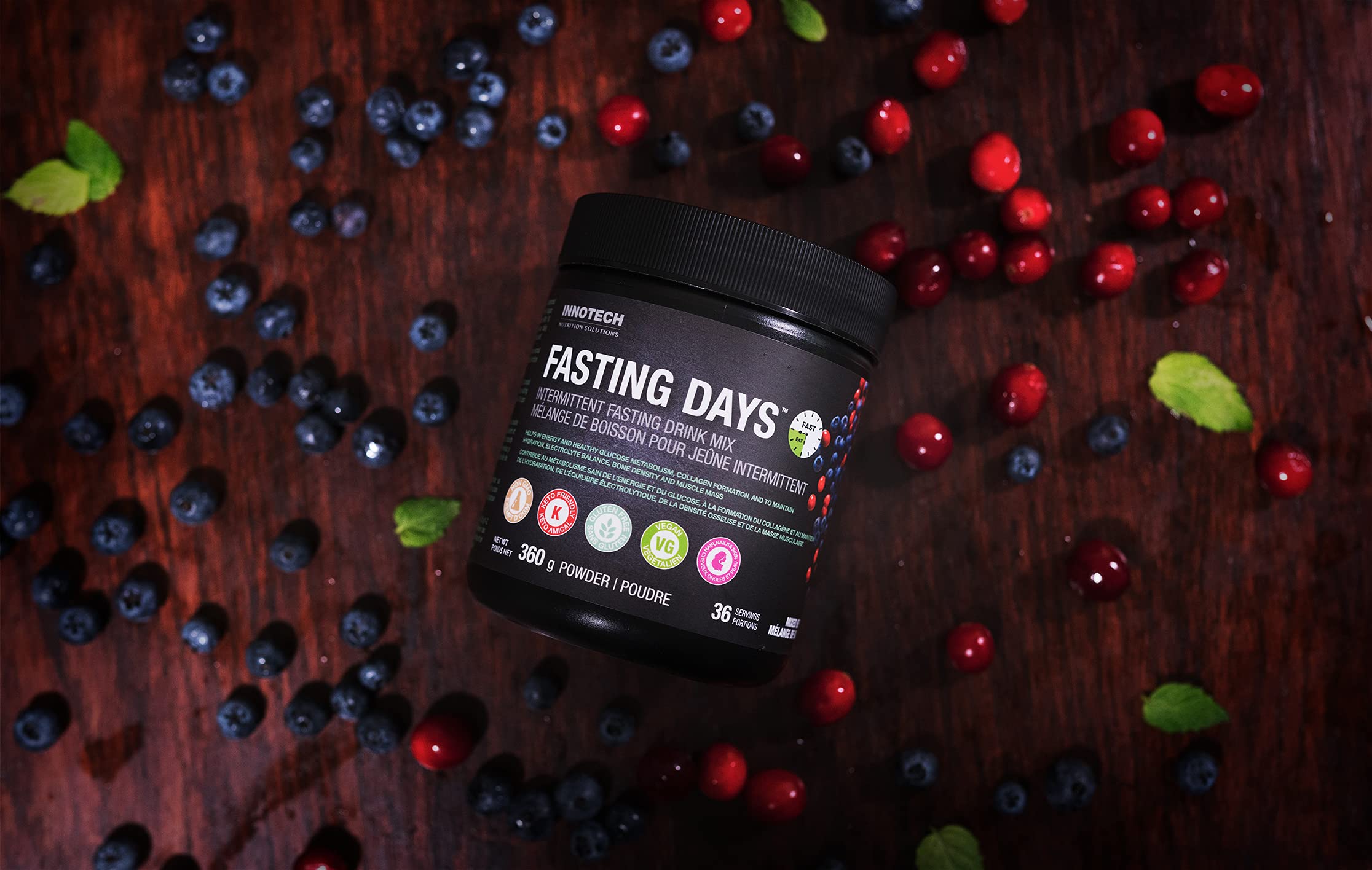 Stack of INNOTECH Nutrition Fasting Days Drink Mix tubs