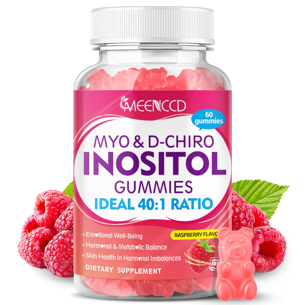 Bottle of Myo-Inositol & D-Chiro Inositol Gummies Raspberry flavor, 60 count