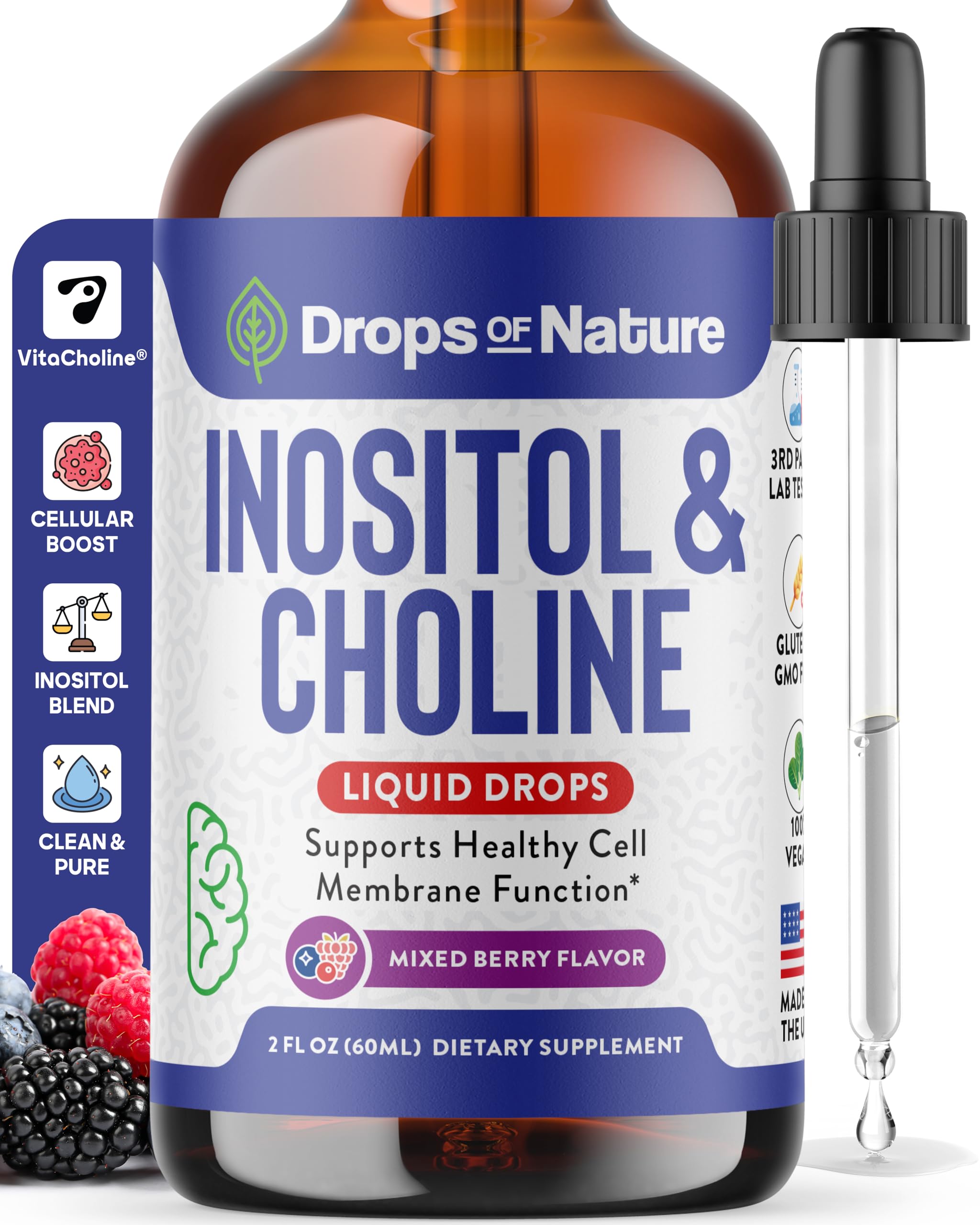Bottle of Inositol & Choline Liquid Drops with Mixed Berry flavor