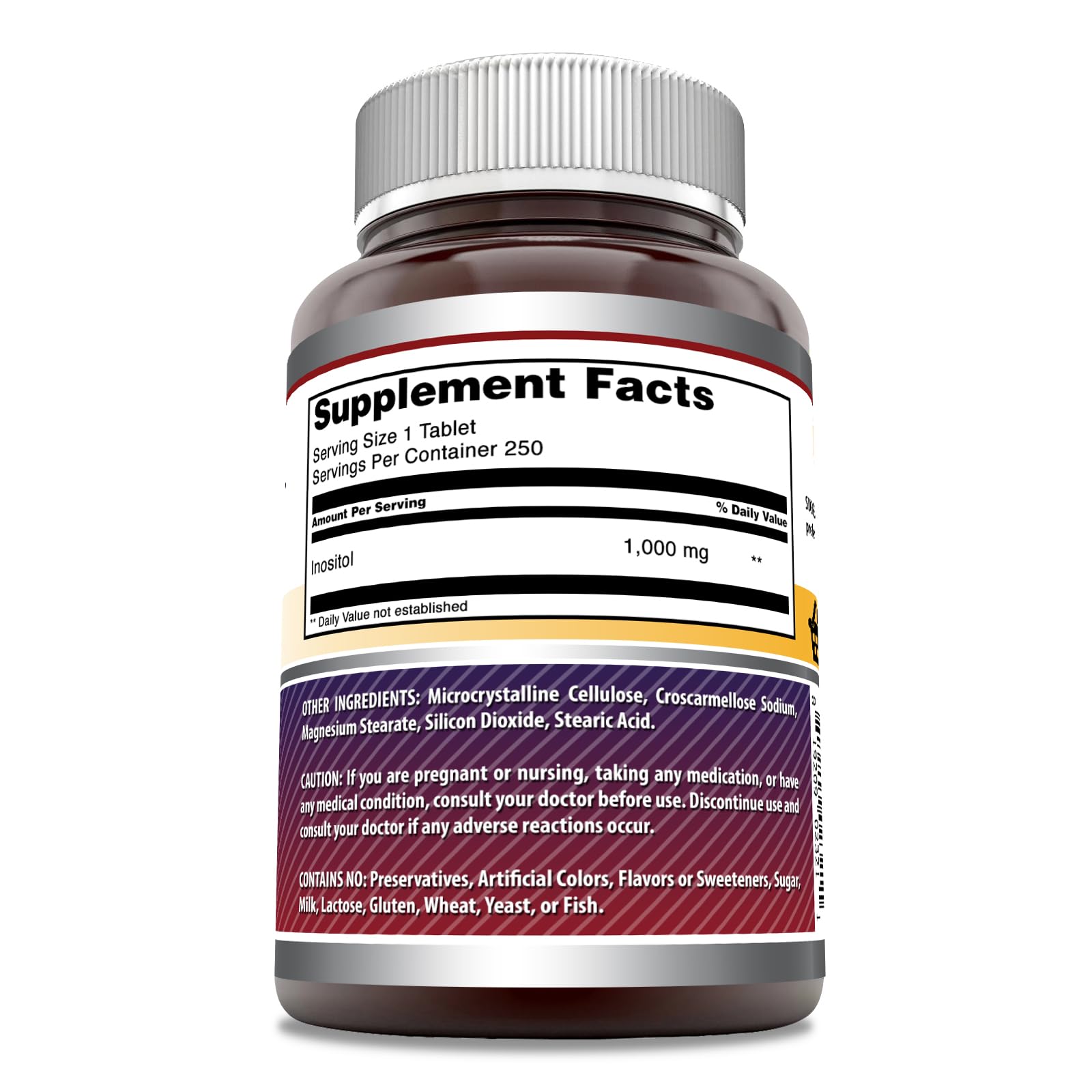 Close-up of Inositol supplement label showing Non-GMO and Gluten-Free