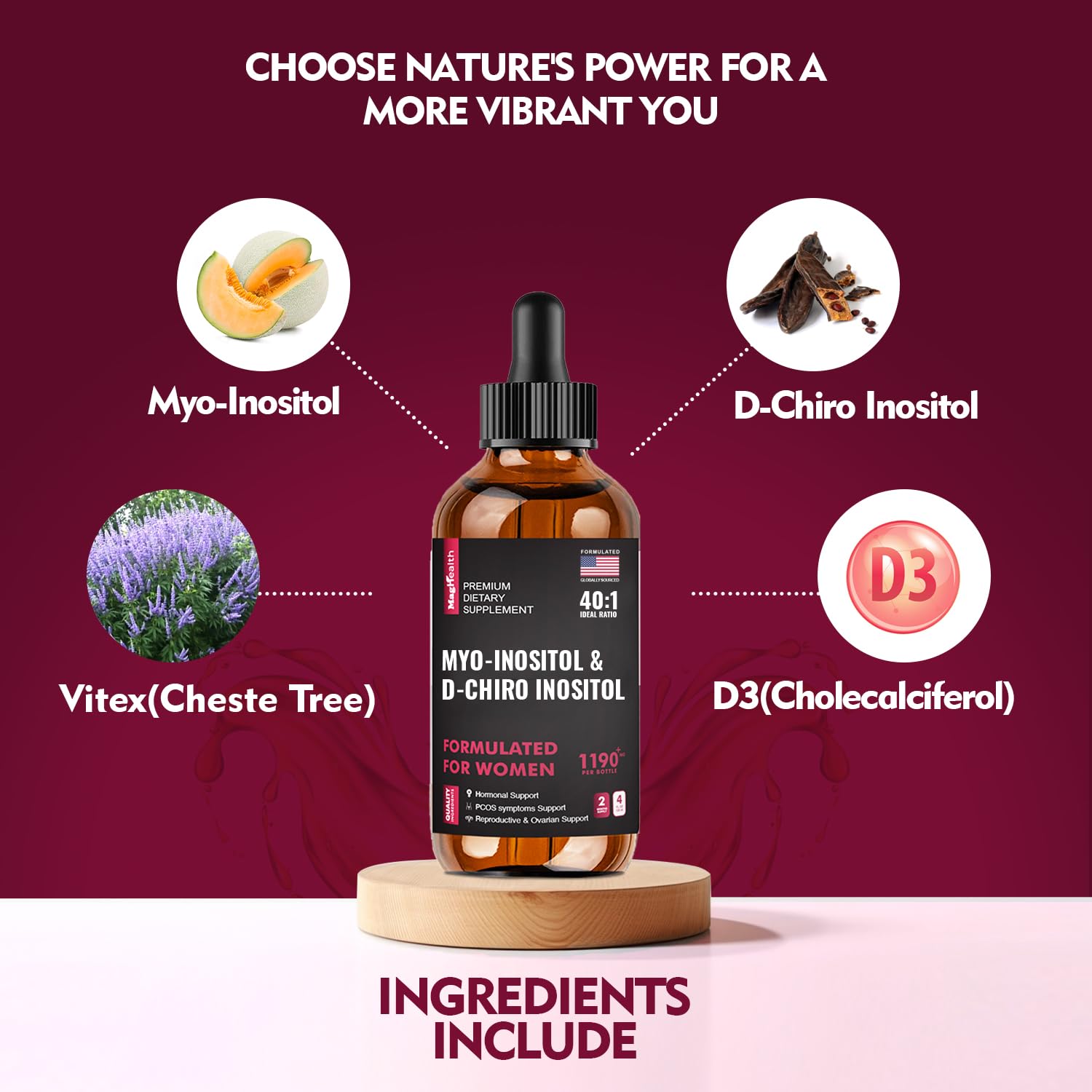 Premium inositol supplement with Vitex and Vitamin D label