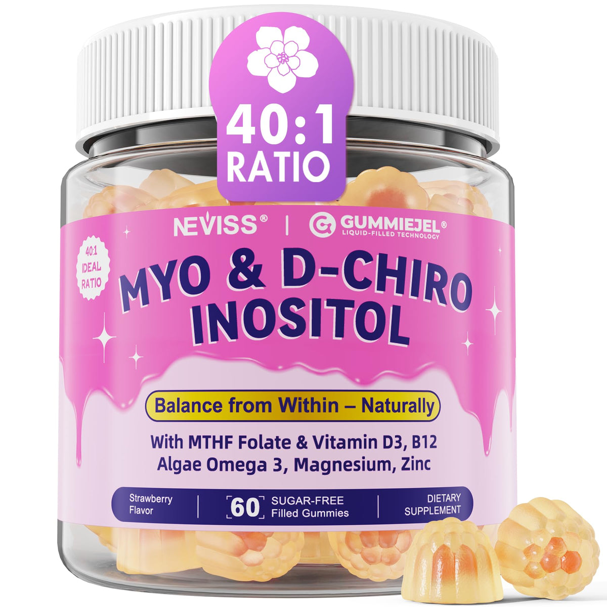 Front view of Myo-Inositol & D-Chiro Inositol gummies bottle