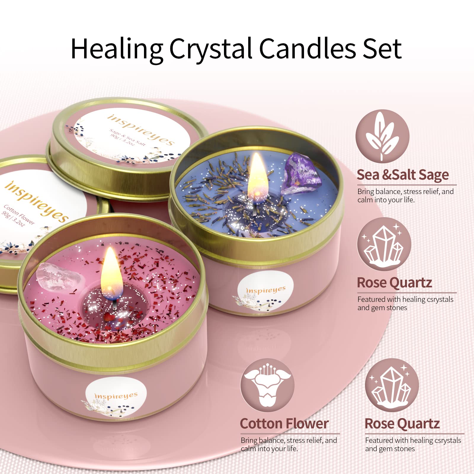Close-up of rose quartz and amethyst crystals in candle tin with dried flowers