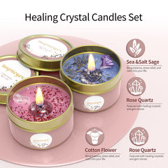 Close-up of rose quartz and amethyst crystals in candle tin with dried flowers
