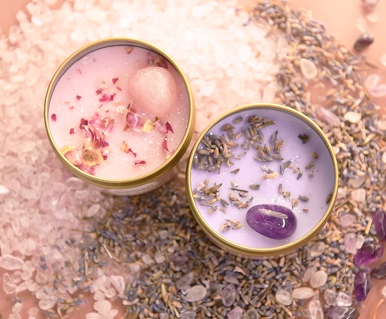 Inspireyes 2-pack soy wax candles in portable tin with rose quartz and amethyst crystals