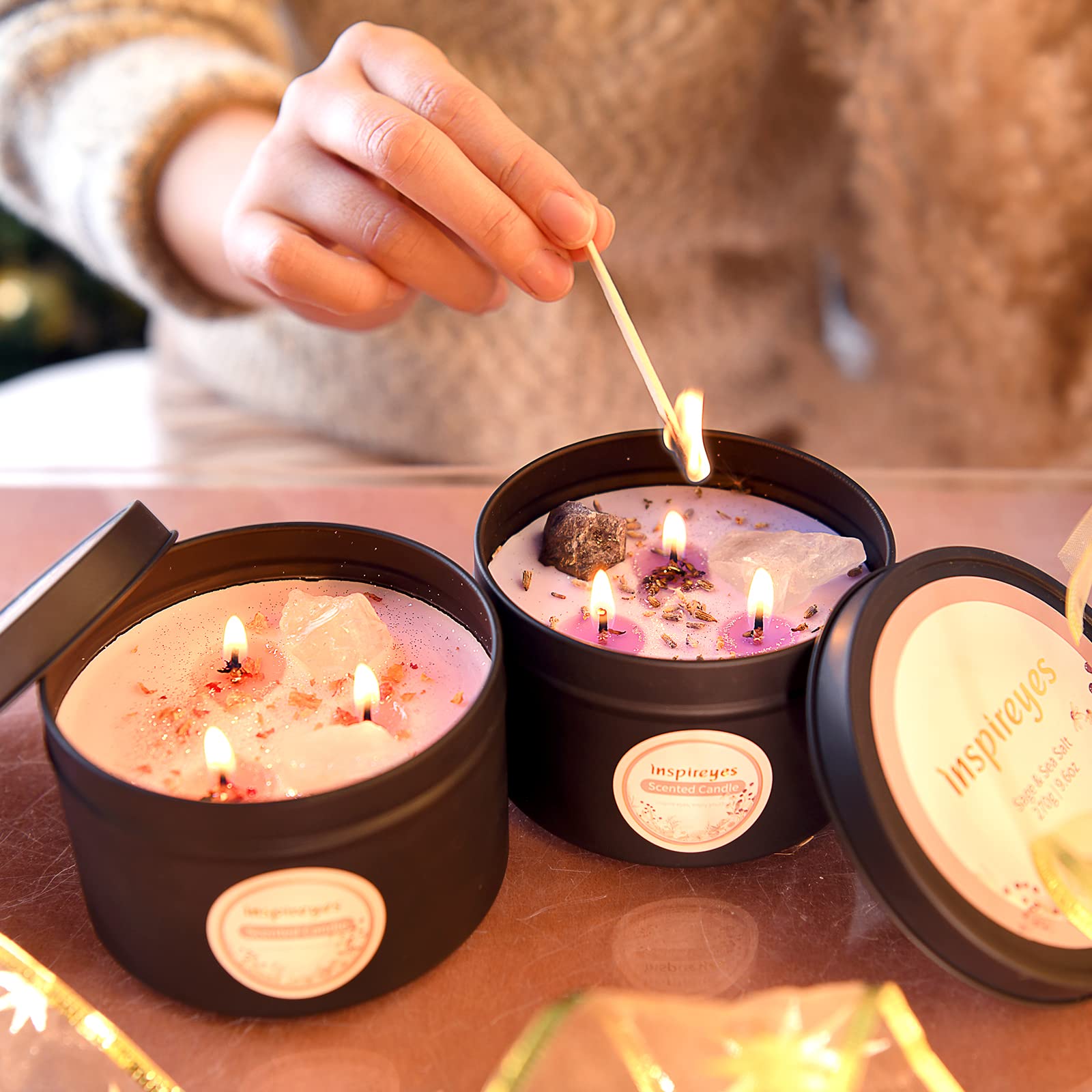 Two Inspireyes Scented Candles with Crystals in a signature gift box