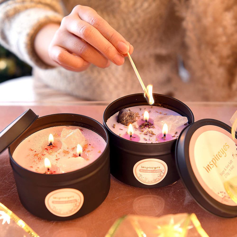 Two Inspireyes Scented Candles with Crystals in a signature gift box