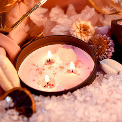 Close-up view of a large energy crystal embedded in a candle