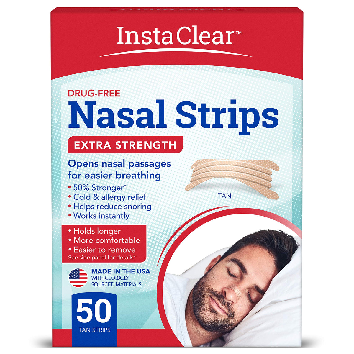 Instaclear extra-strength nasal strips packaging shows 50 count for instant airflow support.