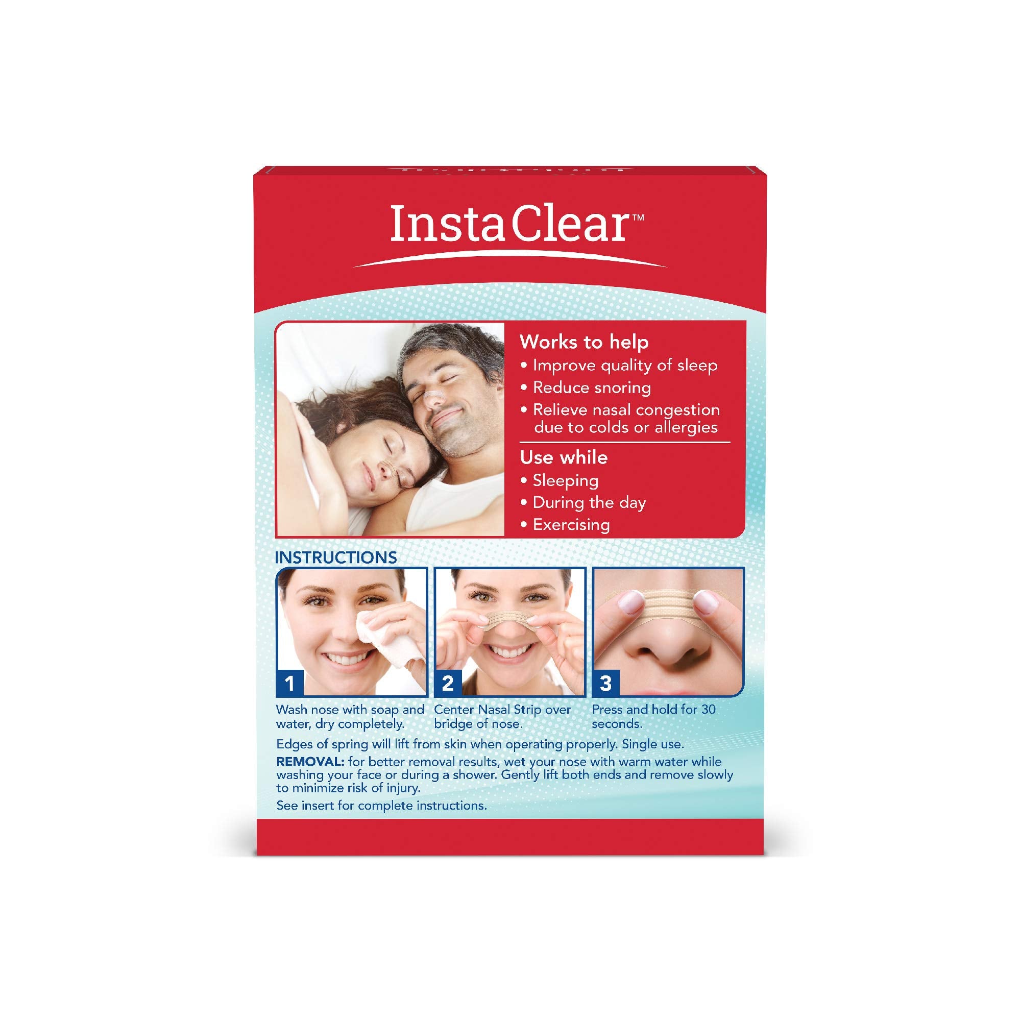 Instaclear nasal strip on nose closeup demonstrates comfortable, quick-breathing aid.