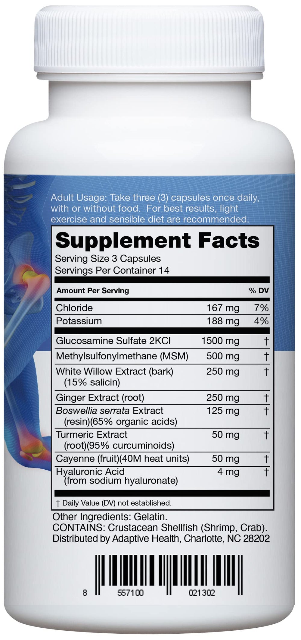 Graphic showing key ingredients including glucosamine MSM turmeric ginger cayenne hyaluronic acid