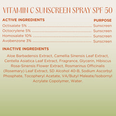 Instanatural bottle label closeup emphasizing SPF50 and vitamin C benefits.