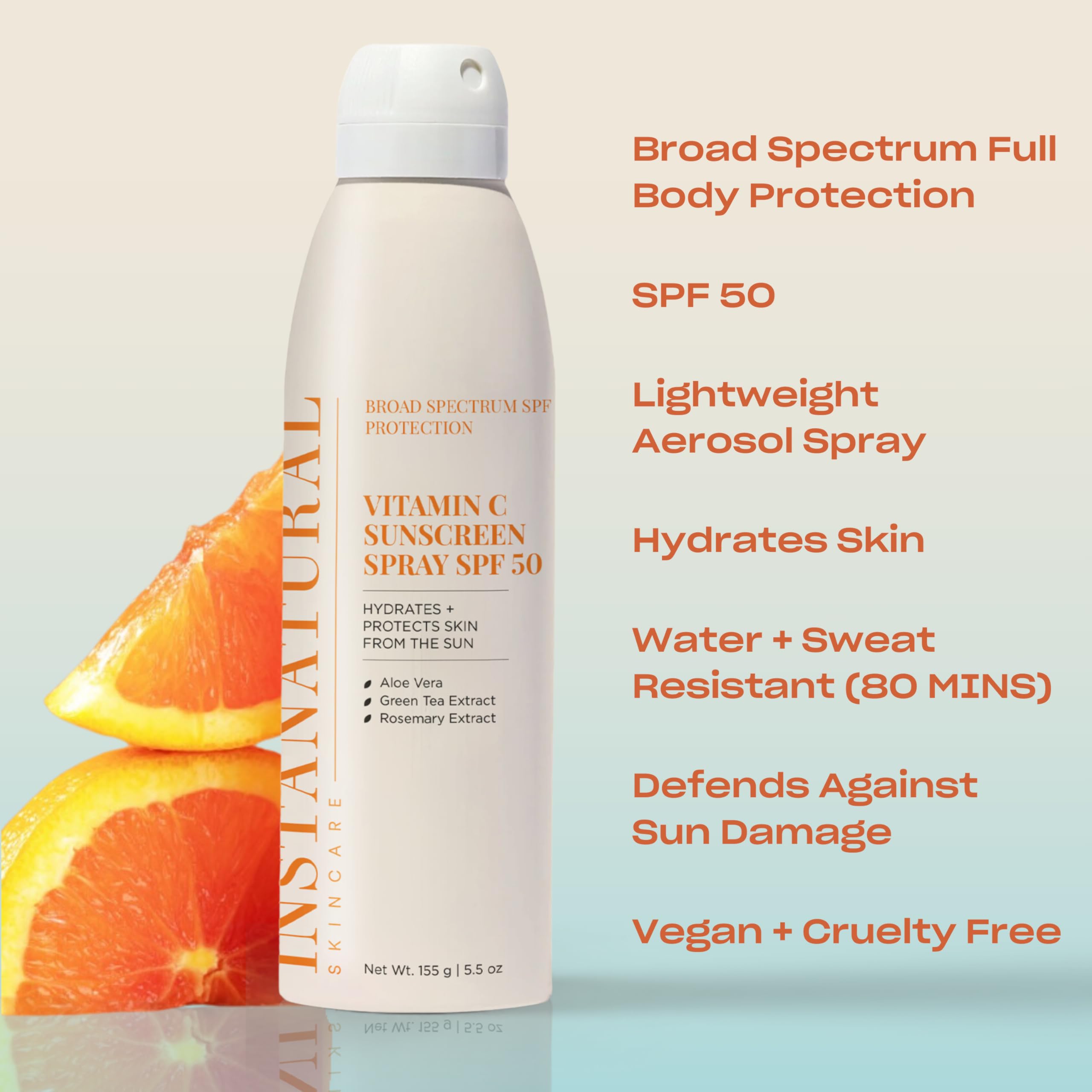 Instanatural Vitamin C SPF50 spray for facial application and quick coverage.