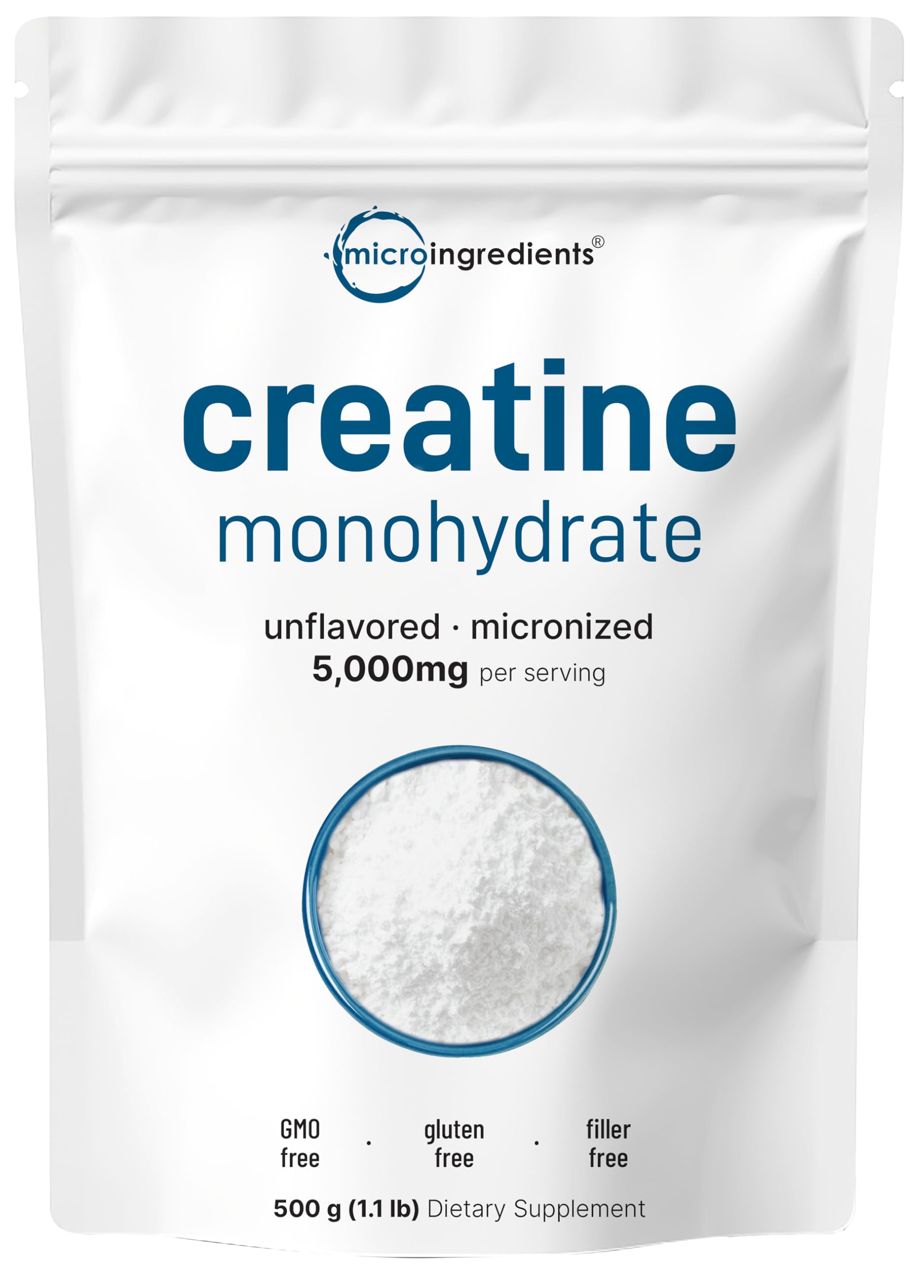 Front view of Instant Creatine Monohydrate Powder 500g packaging
