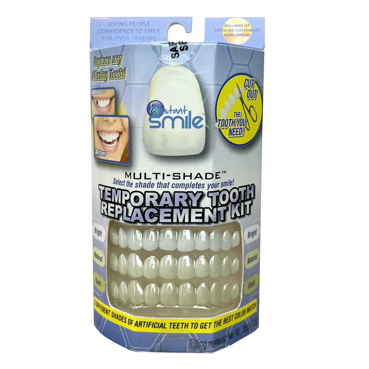 Front view of Instant Smile Multishade kit showing three shade options and 30 customizable teeth