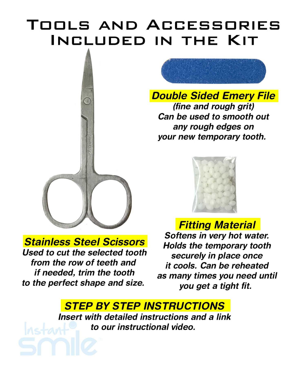Tools for trimming and shaping teeth included in the kit