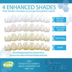 Four shade options for Instant Smile customizable teeth