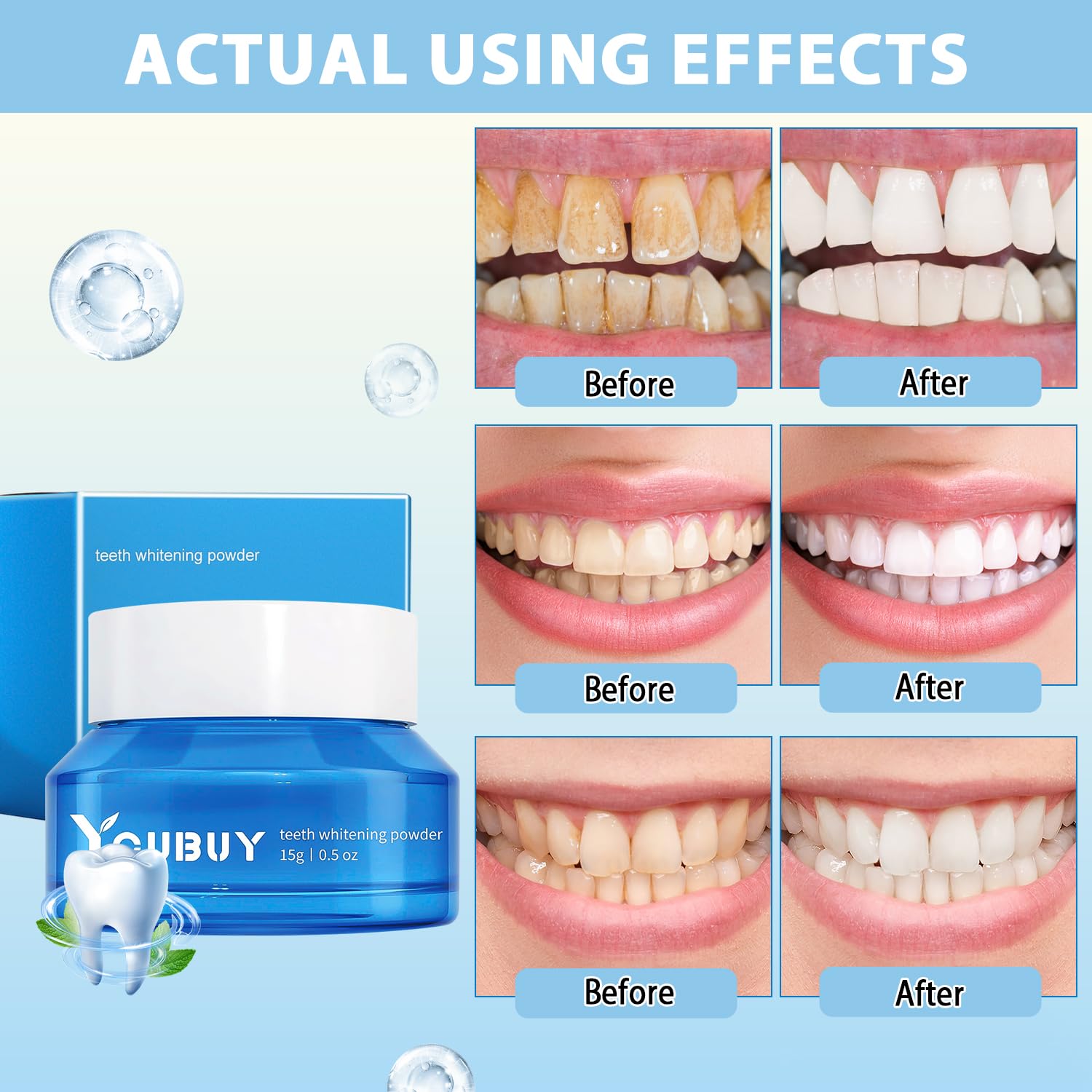 Person brushing teeth with whitening powder