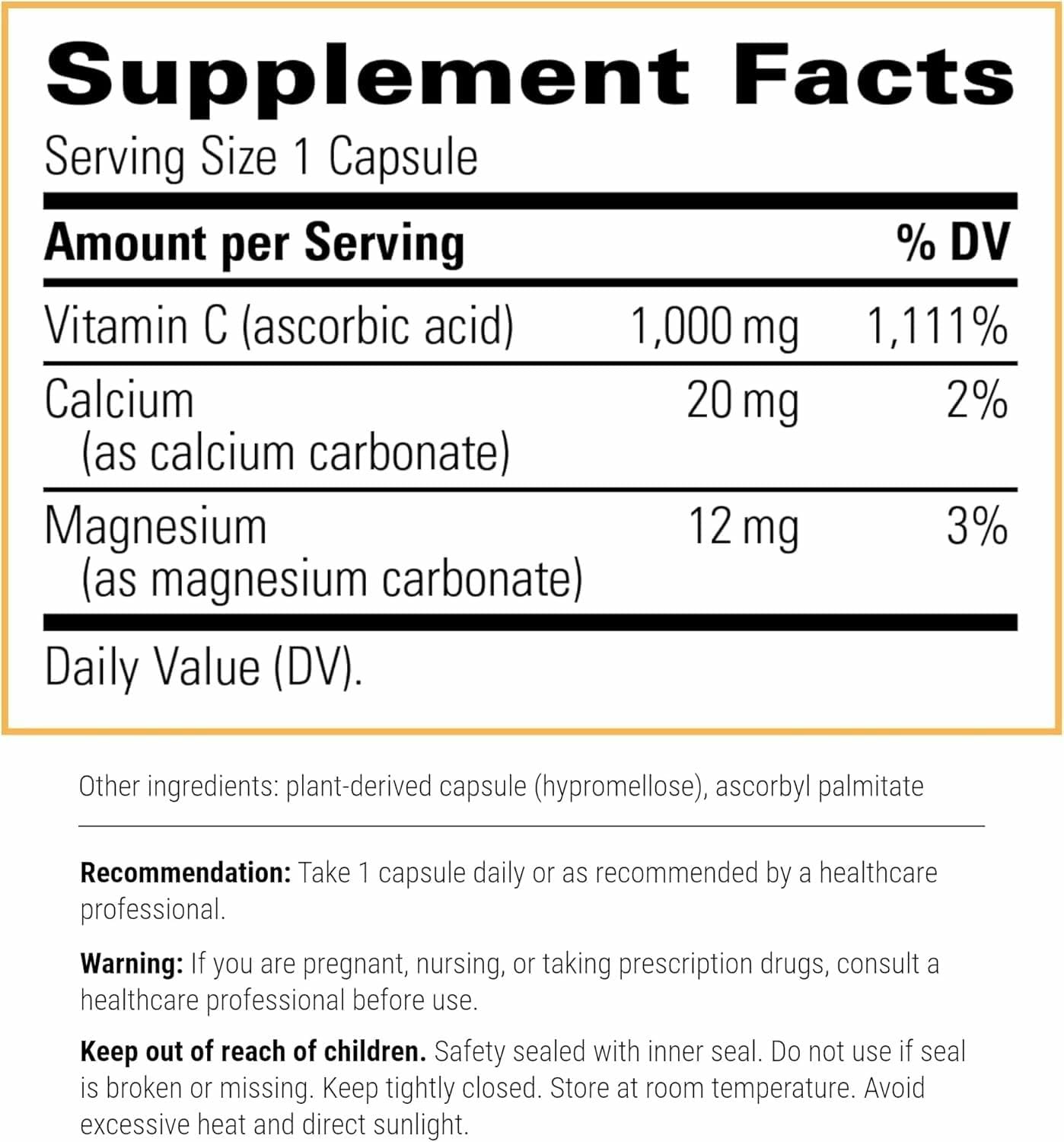Close-up of Buffered Vitamin C capsules showing 1,000 mg per capsule