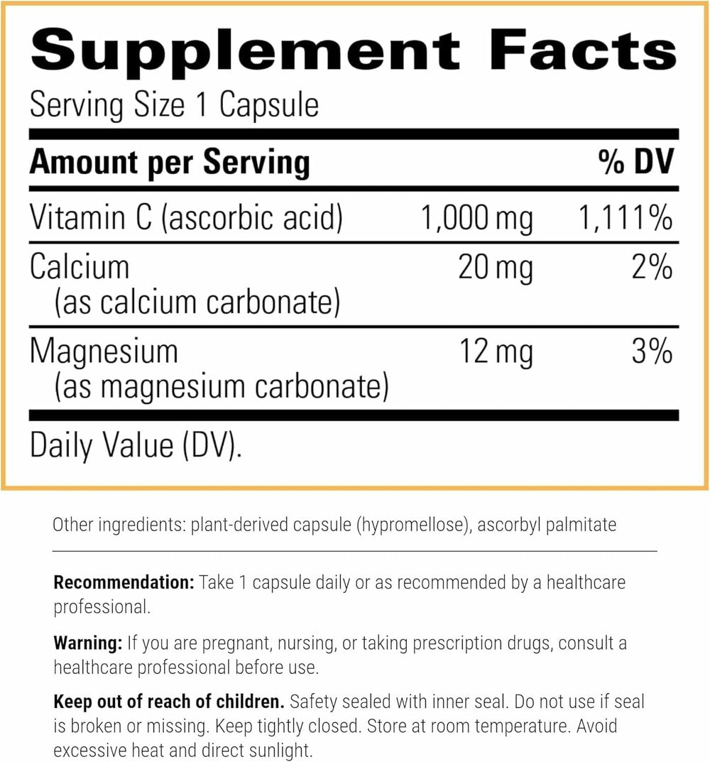Close-up of Buffered Vitamin C capsules showing 1,000 mg per capsule