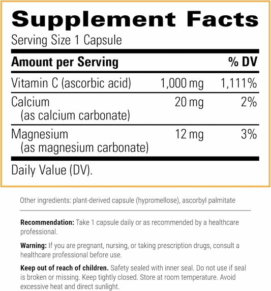 Close-up of Buffered Vitamin C capsules showing 1,000 mg per capsule