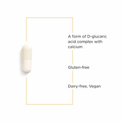 Integrative Therapeutics Calcium D-Glucarate label close-up, emphasizing gluten and dairy-free formula.