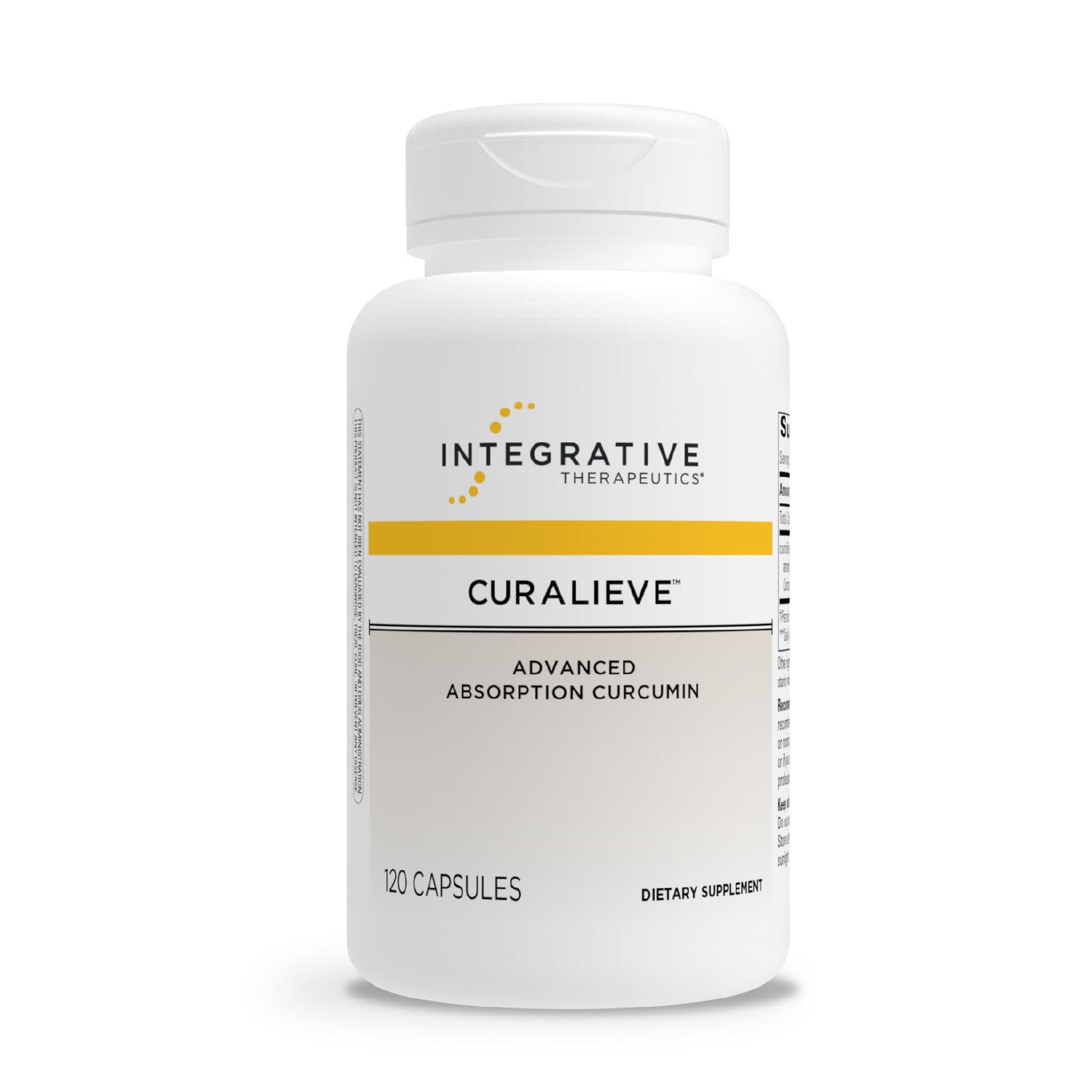 Integrative Therapeutics Curalieve bottle label highlighting high-absorption curcumin for antioxidant support.