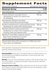 Ingredients overview featuring rhodiola, ashwagandha, eleuthero, maca and holy basil