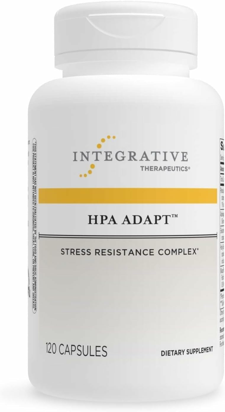 Integrative Therapeutics HPA Adapt bottle close-up, illustrating vegan stress support for busy days.